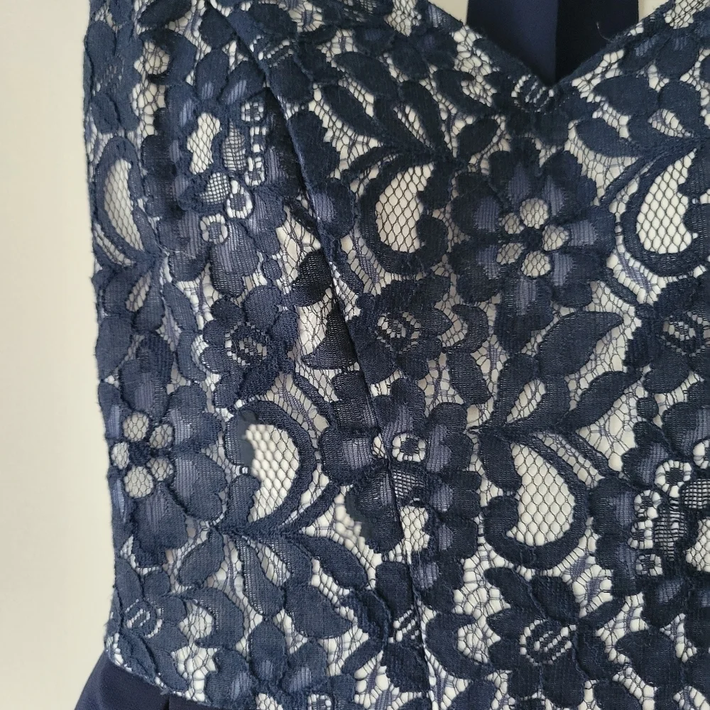 Pleated Cap Sleeved Blue White Lace Tulle Midi Cocktail Dress Size 4 - Picture 5 of 12